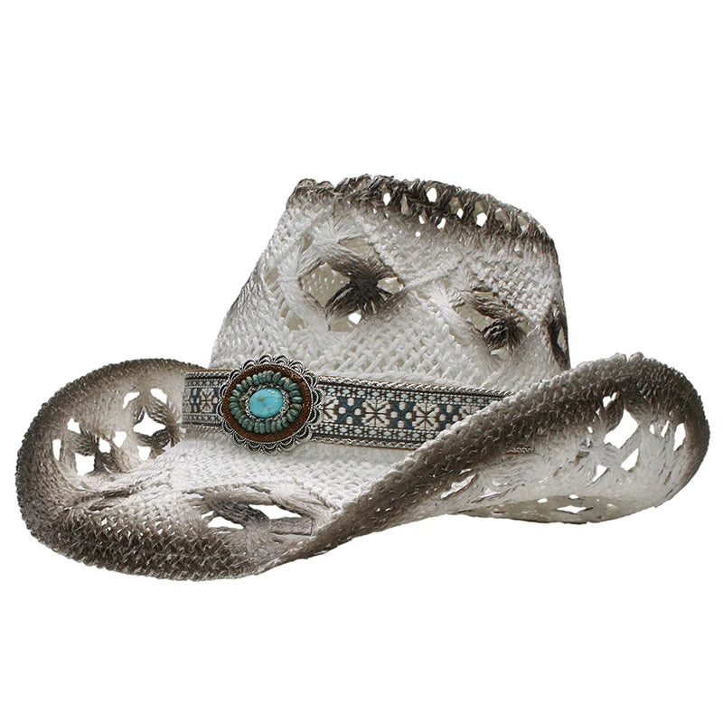 Turquoise Band Casual Hollowed Out Women Men Unisex's Retro Raffia Straw Wide Brim Beach Cowboy Cowgirl Western Sun Hat (58cm)