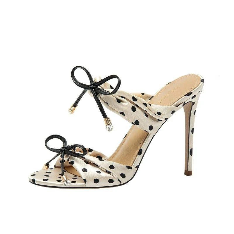 Women's Polka Dot Satin Silk Stiletto Mules Bow Decor Open Toe High Heel Sandals for Party