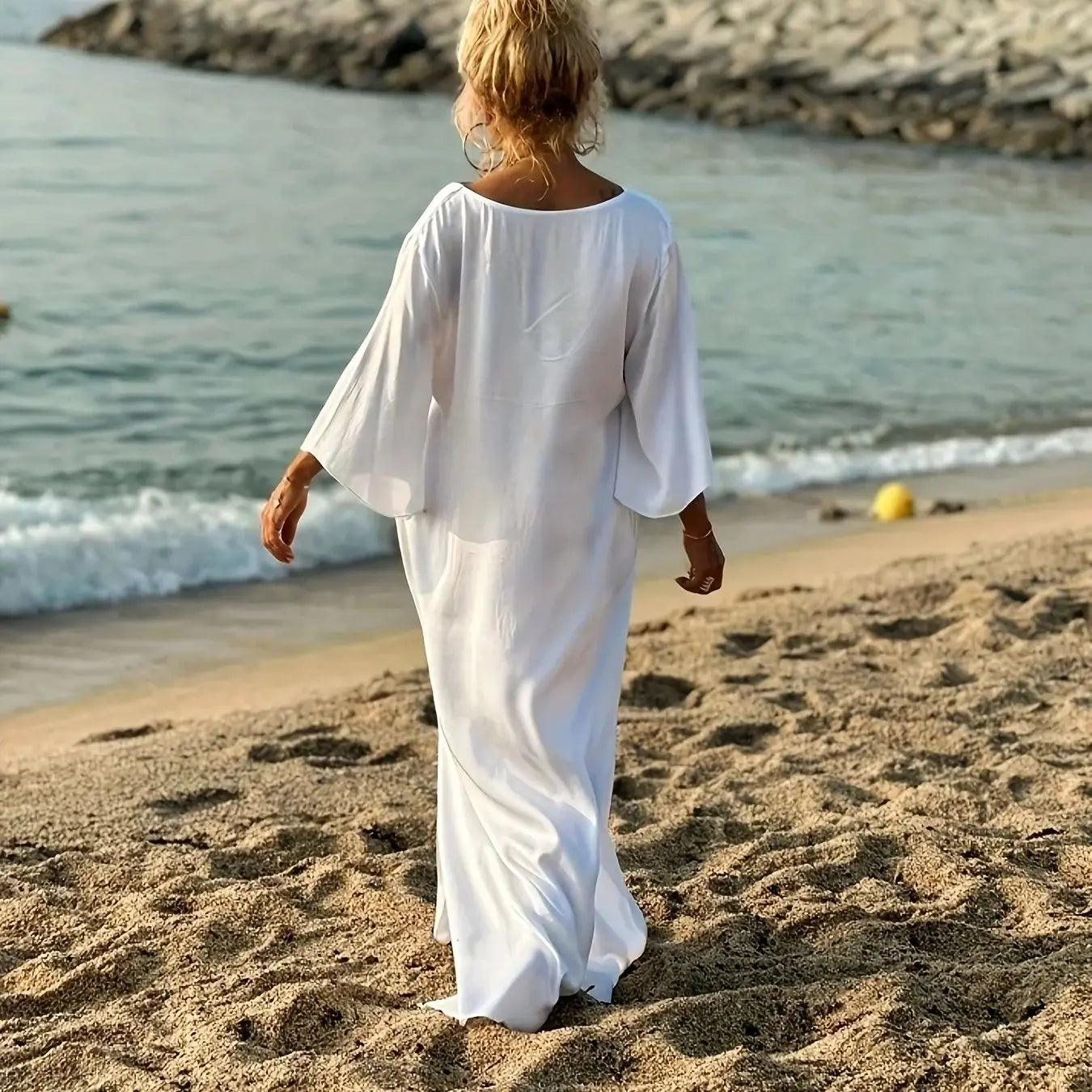 Plus Size Women's White V-Neck Batwing Sleeve Loose Maxi Dress - Beach Vacation Cover-Up Style (0XL-4XL)