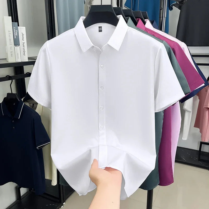 Mens Formal Short Sleeve Shirt Wrinkle Resistant Breathable Tops Slim Fit Button Up Shirts For Men Business Daily Wear Outfits