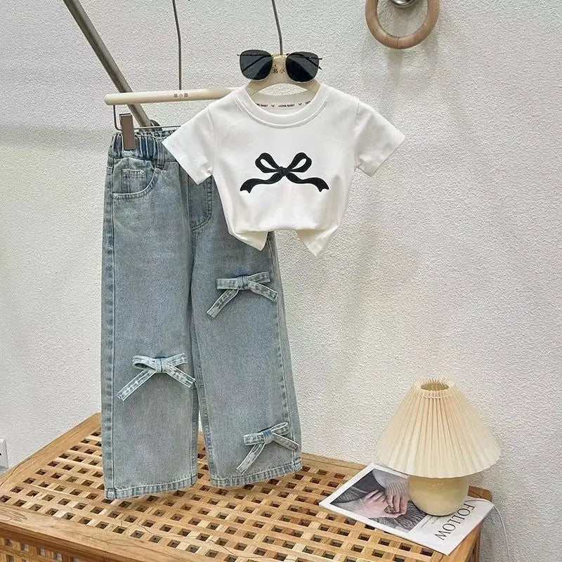 Girls Summer Thin Set Teenage Girls Wide Leg Jeans T-shirt 2-piece Summer Children's Clothing Set