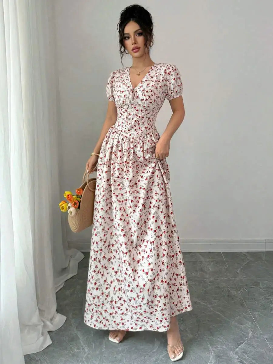 Elegant Women Summer Ditsy Floral Maxi Dress, Elastic Waist Puff Sleeve Beige Pastoral Long Dress, Casual Commute Music Festival
