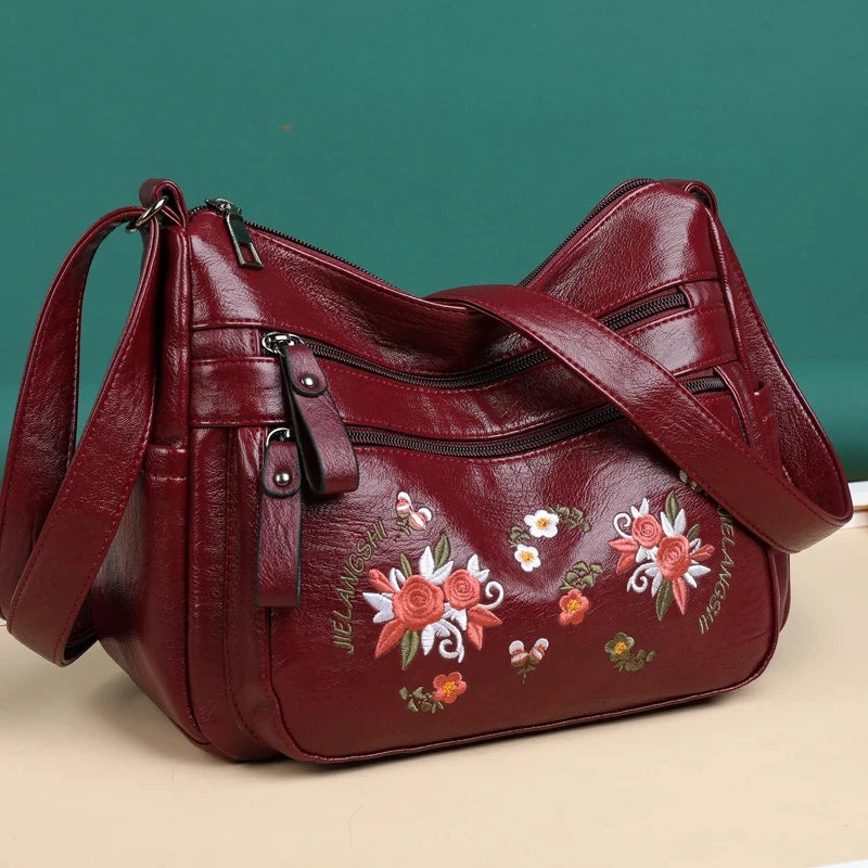 Embroidery Flowers Shoulder Messenger Bag Female Handbags Luxury Designer Purses Soft PU Leather Crossbody Women's Evening Bag