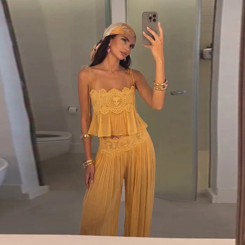 Lace Women Two Piece Set Camisole Tank Top See Through Wide Leg Jogger Pants Stylish Two Piece Outfit Lace Trim Detail Fashion