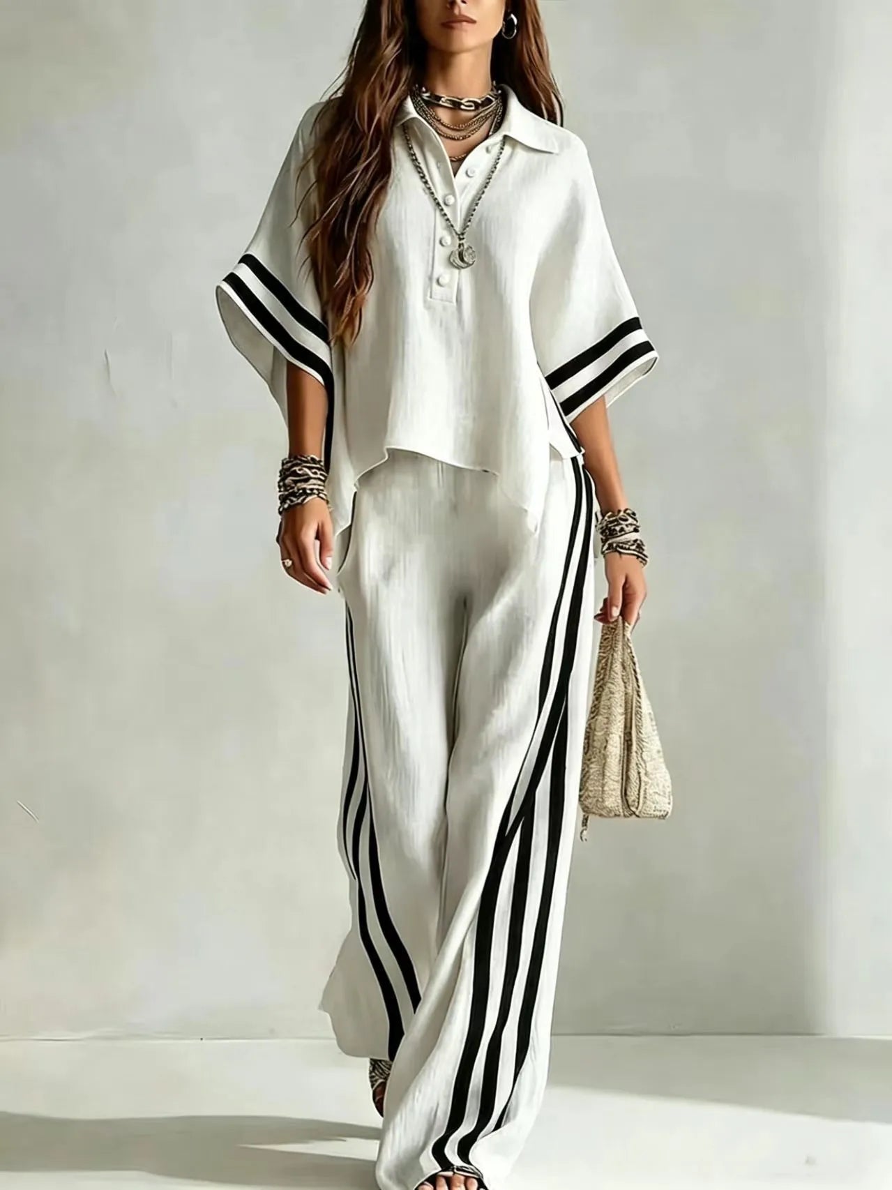 New Summer Women 2-Piece Outfit Three-quarter Sleeve Lapel T-shirt Tops + Loose Striped Pants Female Casual Boho Matching Set