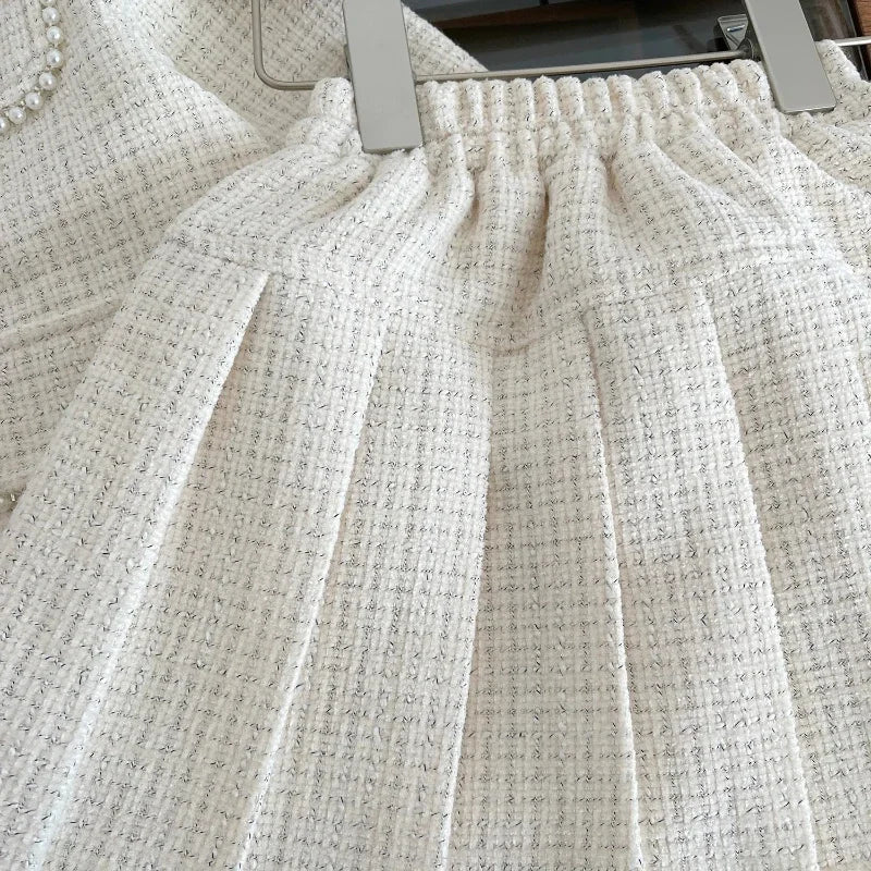 Teen Girl Clothes 2025 Tweed Two Piece Skirt Sets Luxury Designer Outfit Coat Suit Costume Kids Clothing Children Beige Boutique