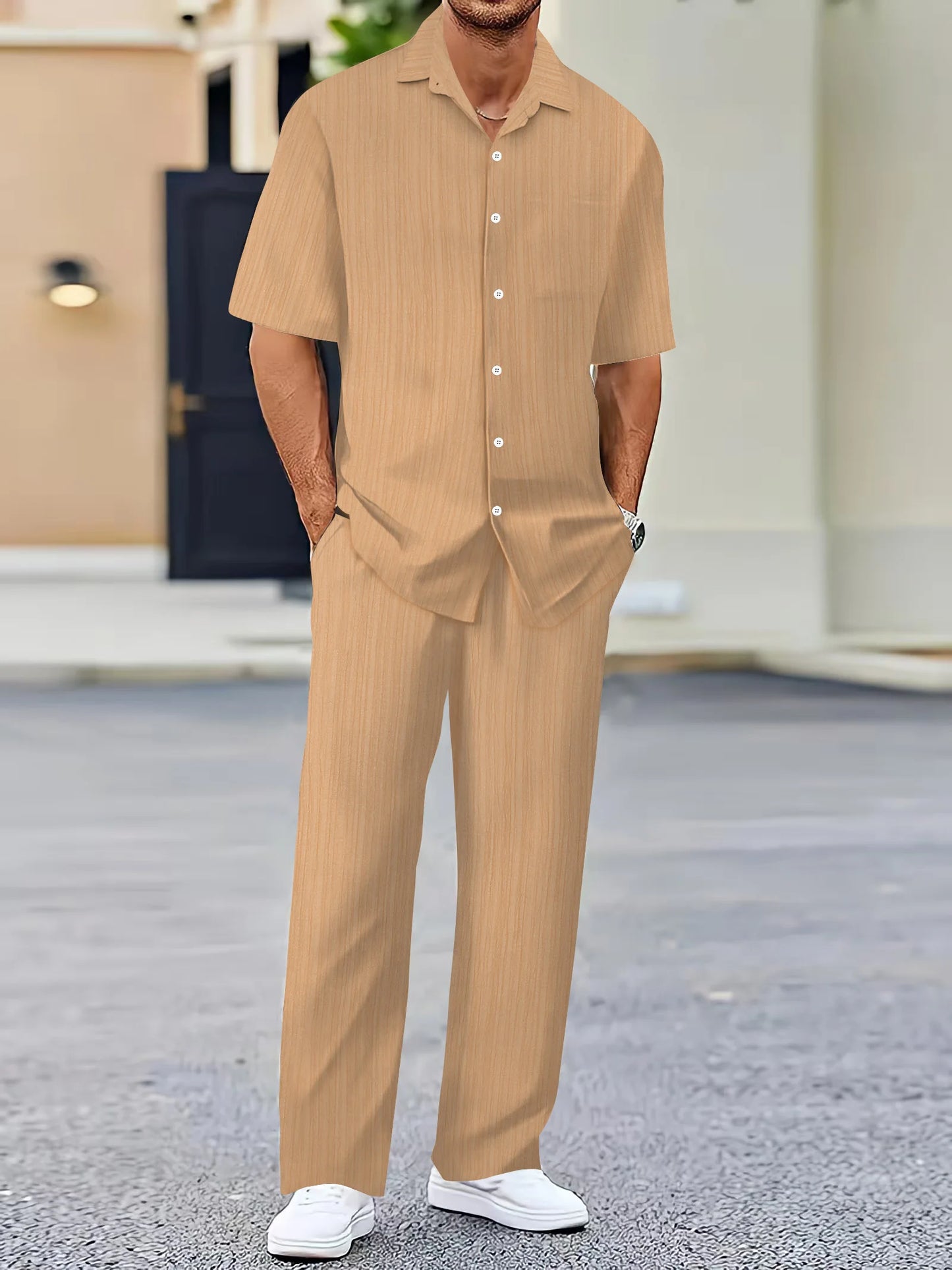 Men's casual suit, fashion comfortable linen solid color stand collar shirt street loose long sleeve two-piece