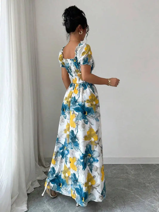 2026 Summer Women Slim Shirred Maxi Dress, V Neck Big Floral Print Long Dress, Yellow And Blue Flower Ladies Dress