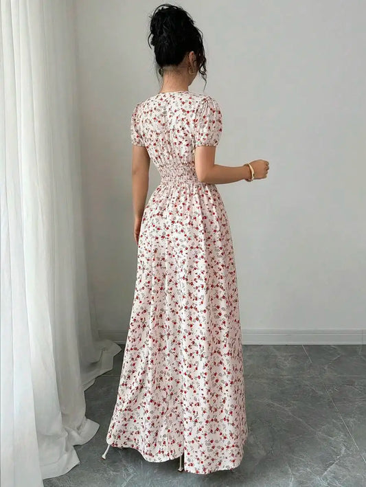 Elegant Women Summer Ditsy Floral Maxi Dress, Elastic Waist Puff Sleeve Beige Pastoral Long Dress, Casual Commute Music Festival
