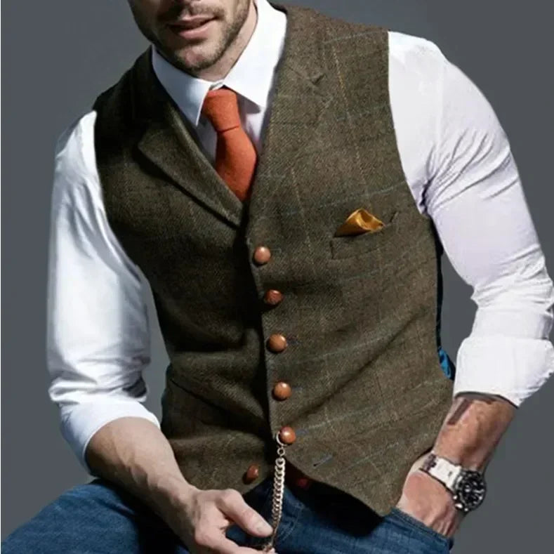 2026 Men's Formal Vests Lapel Tweed Plaid V-neck Waistcoat Slim Vest Business Formal Dress Suit Casual Wedding Tuxedo Male Vest