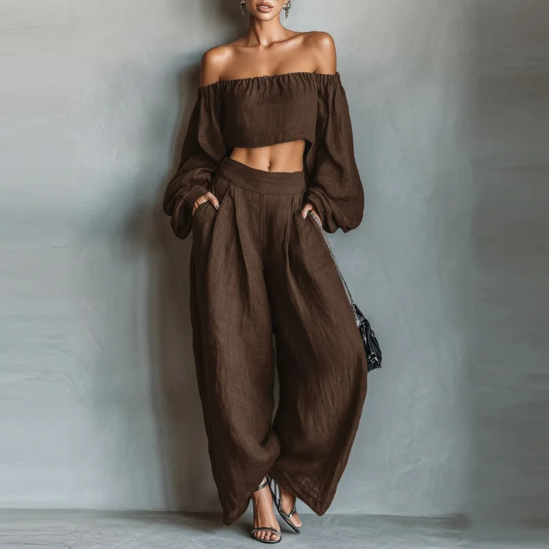 Women Outfit Off 2 Piece Shoulder Long Sleeve Top High Waisted Loose Wide Leg Pants Casual Pants Sets Fashion Commuting Outfits