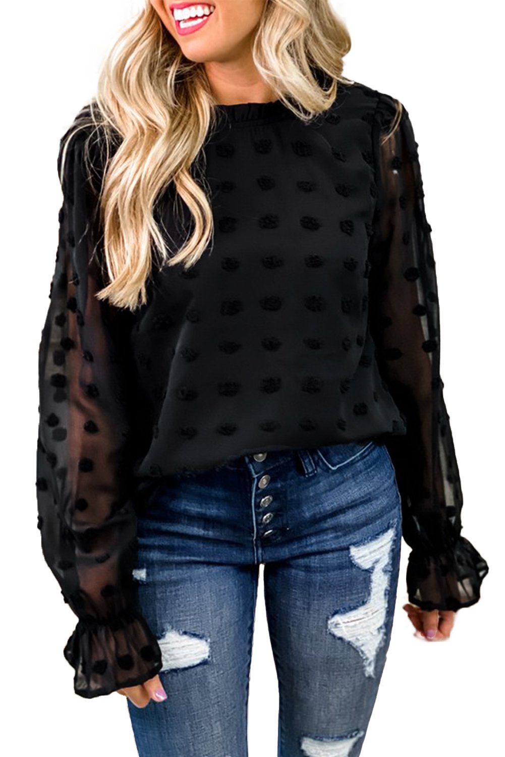 Polka Dot Lantern Sleeve Mesh Splicing Blouse