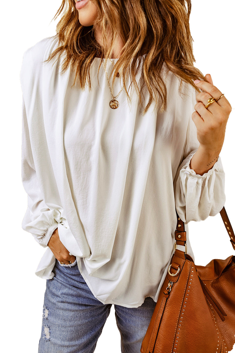 White Crew Neck Billowy Sleeve Blouse