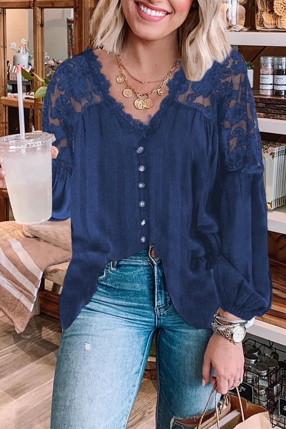 V Neckline Lace Shoulder Blouse