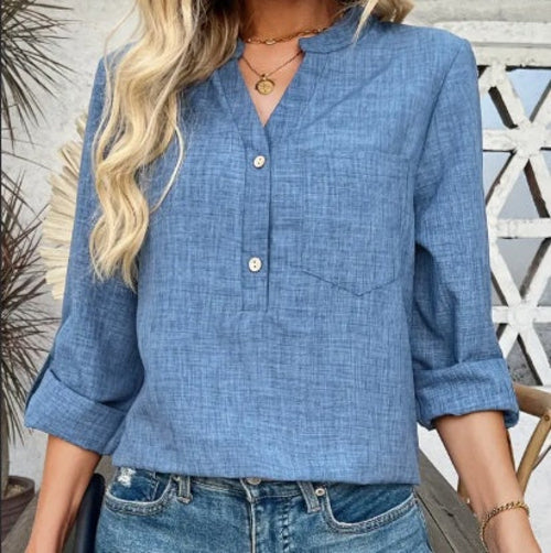 V-Neck  Blouse With Pockets,Elegant And Classic Design,Machine