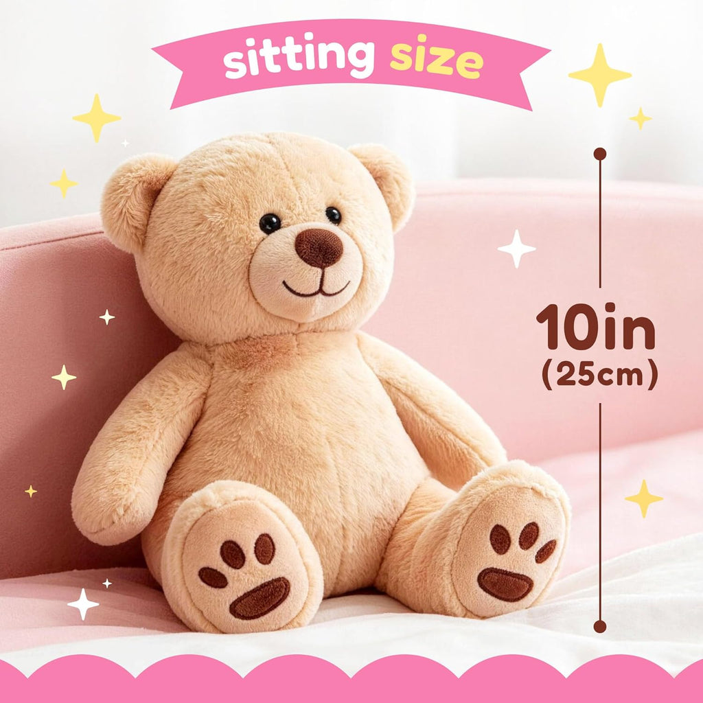 Lotfancy Teddy Bear Stuffed Animals, 10 Inch Soft Cuddly Plush Toys, Cute Plushies with Footprints, Stuffed Animals for Girls Kids Baby Toddlers, Baby Shower Easter Birthday Gift Decor, Light Brown