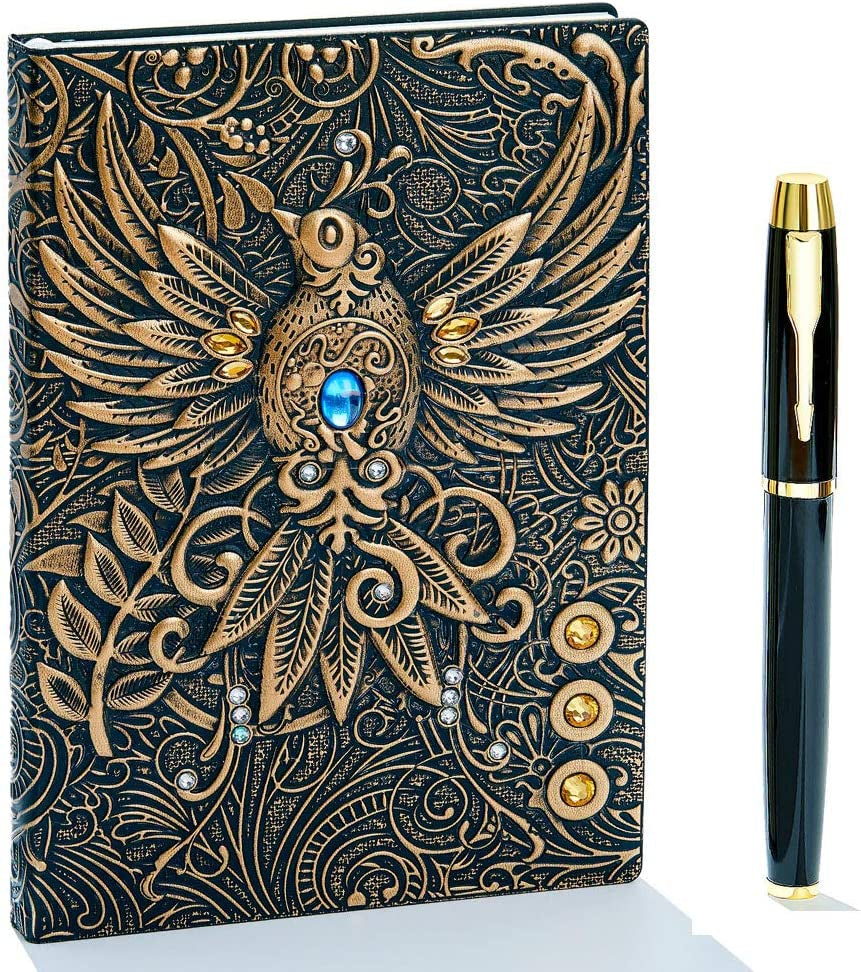 Vintage 3D Embossed Leather Writing Journal with Diamond Pen Set,A5,200Pages,Antique Handmade Daily Notepad Sketchbook,Travel Diary&Notebook to Write In,For Women Men (Train-(Redbronze))