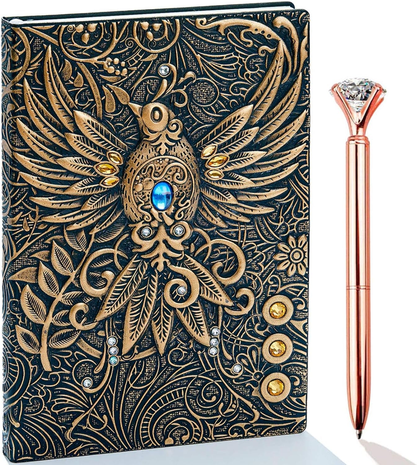 Vintage 3D Embossed Leather Writing Journal with Diamond Pen Set,A5,200Pages,Antique Handmade Daily Notepad Sketchbook,Travel Diary&Notebook to Write In,For Women Men (Train-(Redbronze))