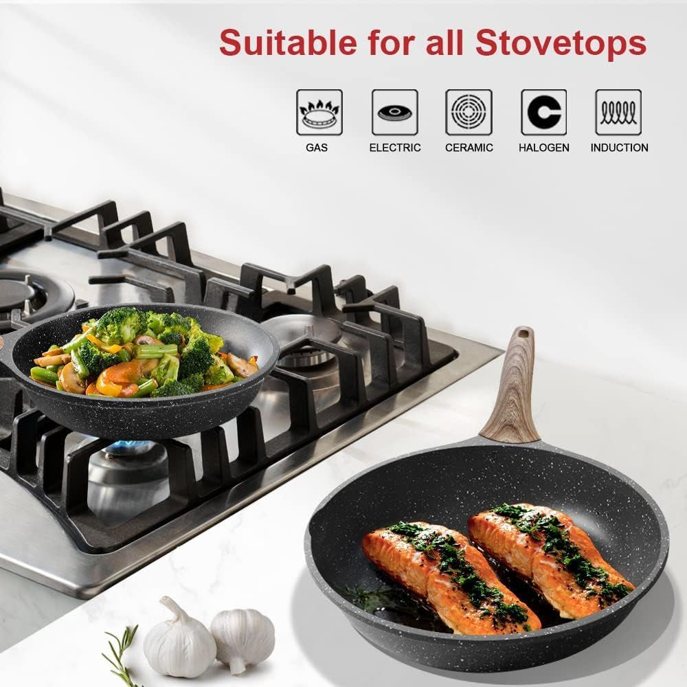 Caannasweis Nonstick Granite Frying Pan Skillet, Non Stick Omelette Fry Pans, Omelet Egg Pan, Stone Cookware Chef'S Pan, Induction Compatible, PFOA Free (Gray, 9.5 Inch)