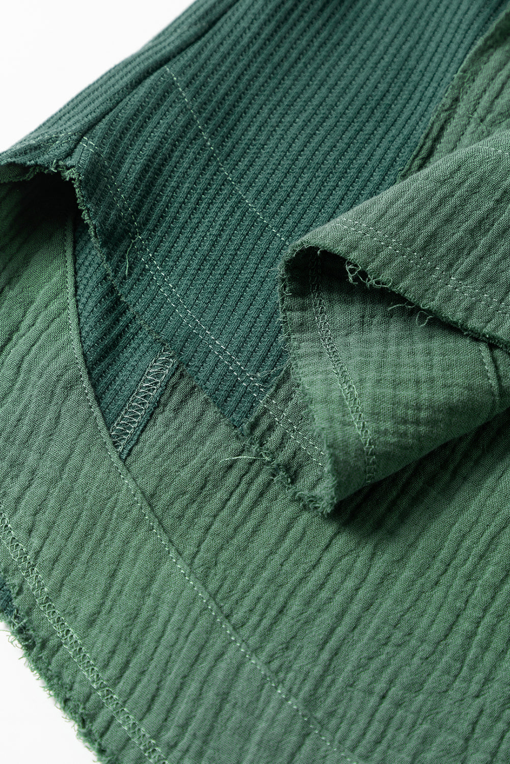 Green Textured Waffle Knit Patchwork Buttoned Neck Loose Blouse