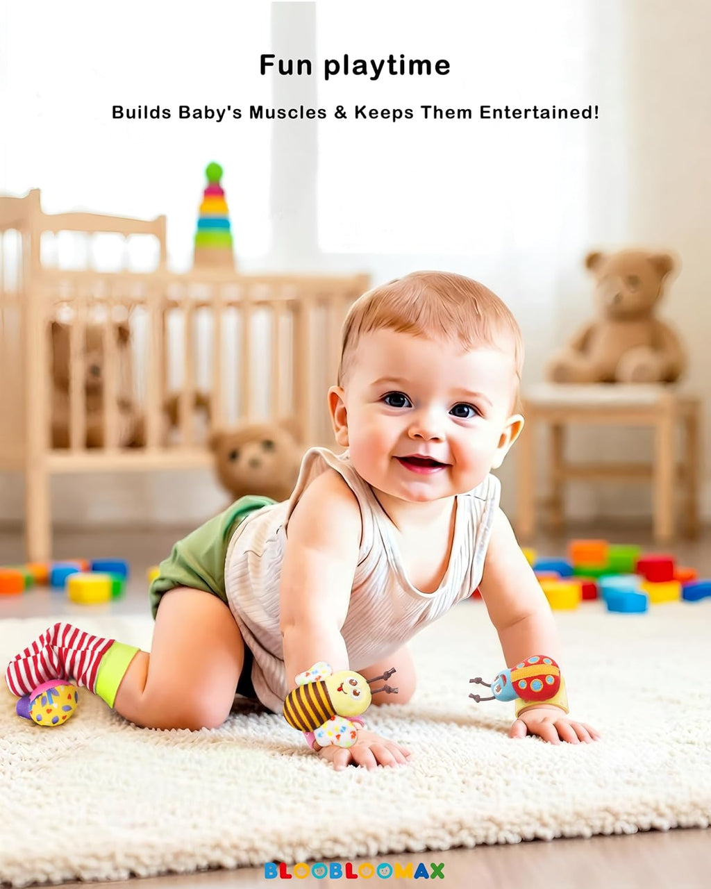 Bloobloomax Wrist Rattle Socks and Foot Finder Set, Infant Girl Boy Toys for Babies 0-36 Months, Newborn Hand & Foot Toys for 0 to 3 Years, Baby Shower Gifts Set