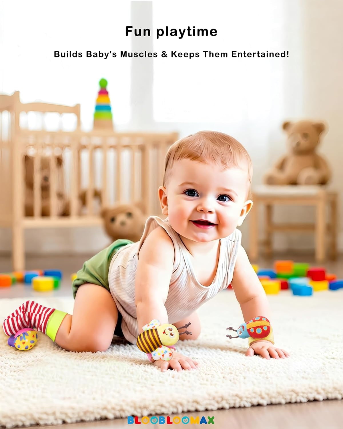 Bloobloomax Wrist Rattle Socks and Foot Finder Set, Infant Girl Boy Toys for Babies 0-36 Months, Newborn Hand & Foot Toys for 0 to 3 Years, Baby Shower Gifts Set