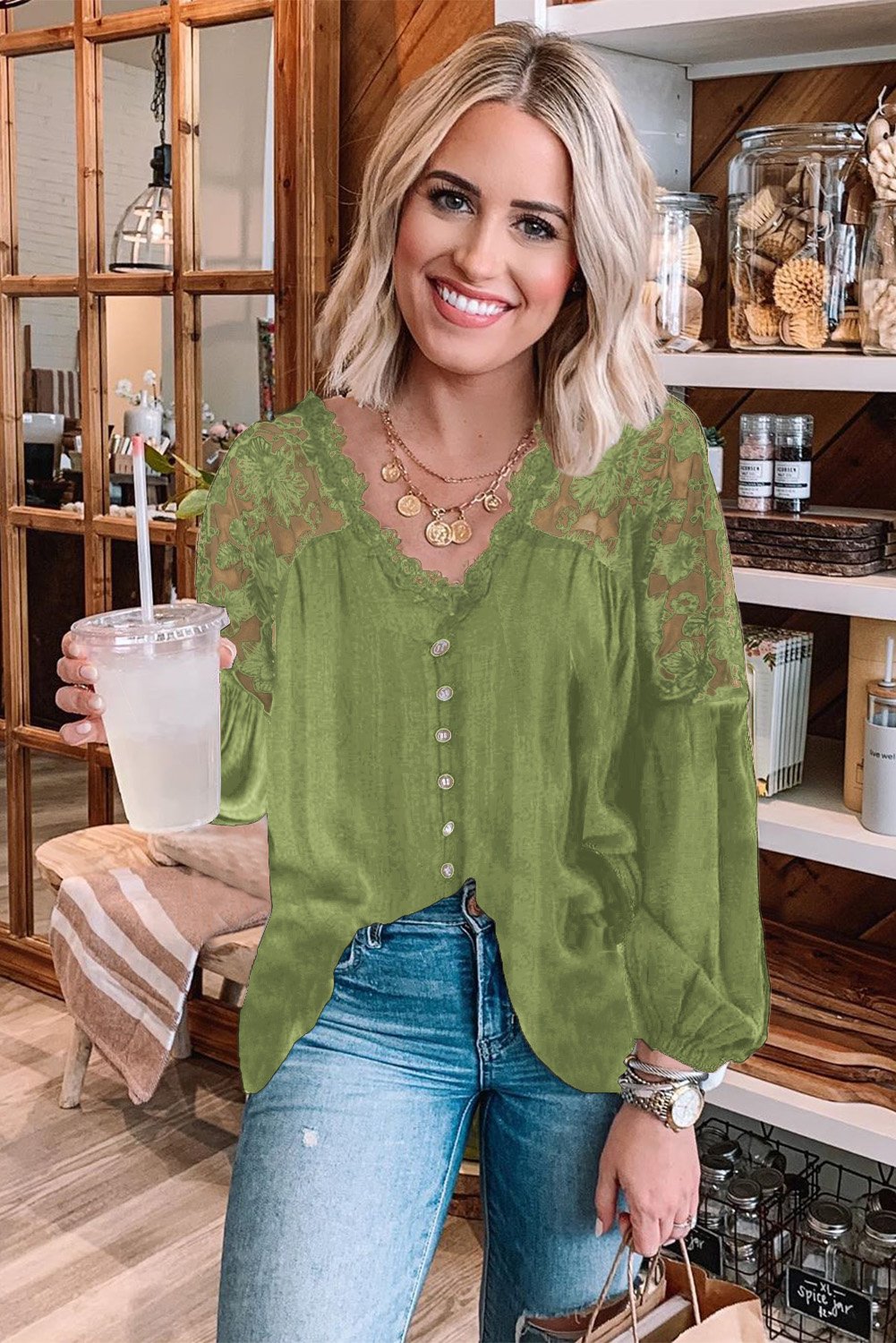 V Neckline Lace Shoulder Blouse