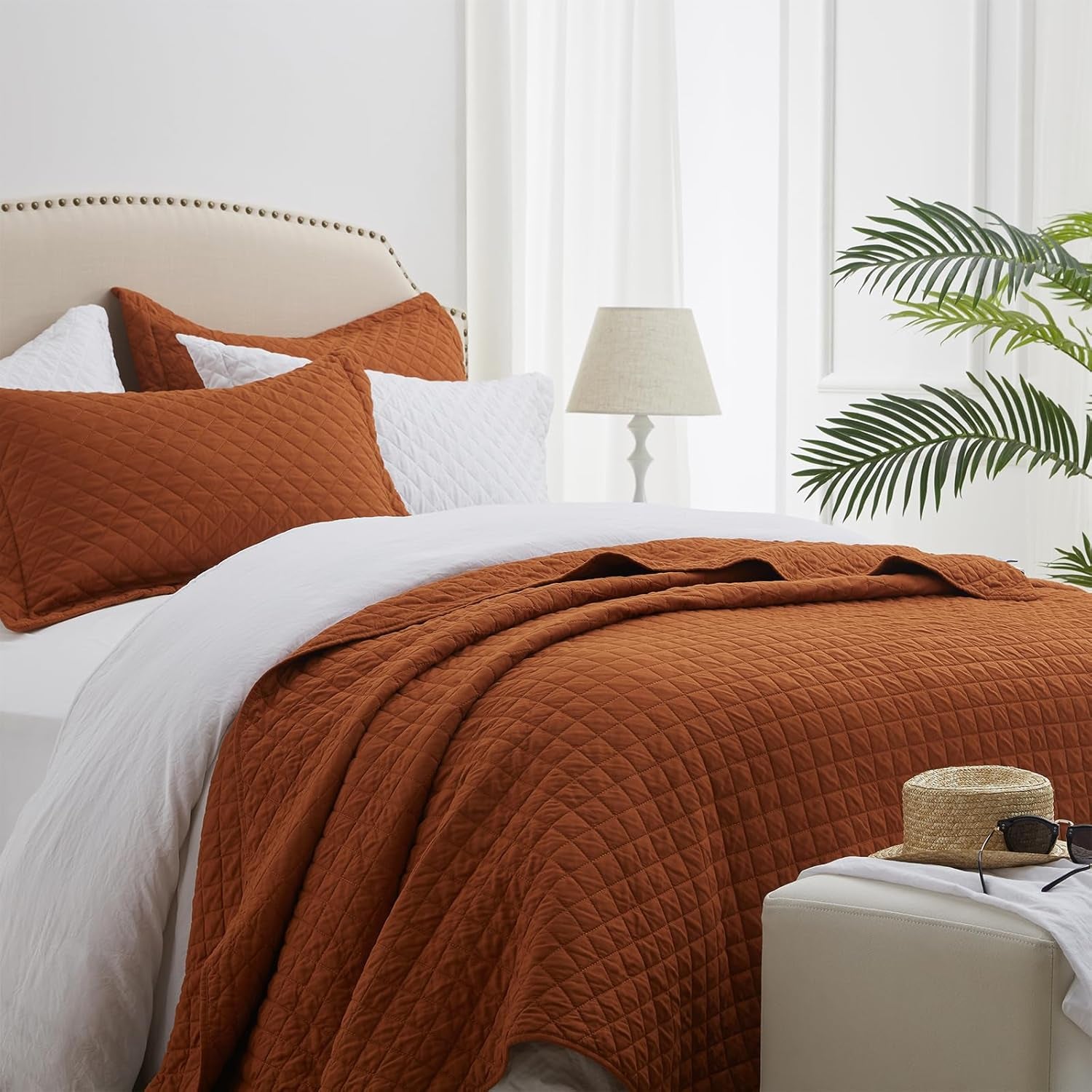 Quilt Set King Brunt Orange, Lightweight Comforter Bedspread Soft Reversible Coverlet King Size for All Season 3Pcs Rust Diamond Quilted Bedding Sets Bed Cover (1 Quilt 2 Pillow Shams)