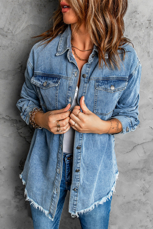 Sky Blue Raw Hem Buttoned Denim Jacket