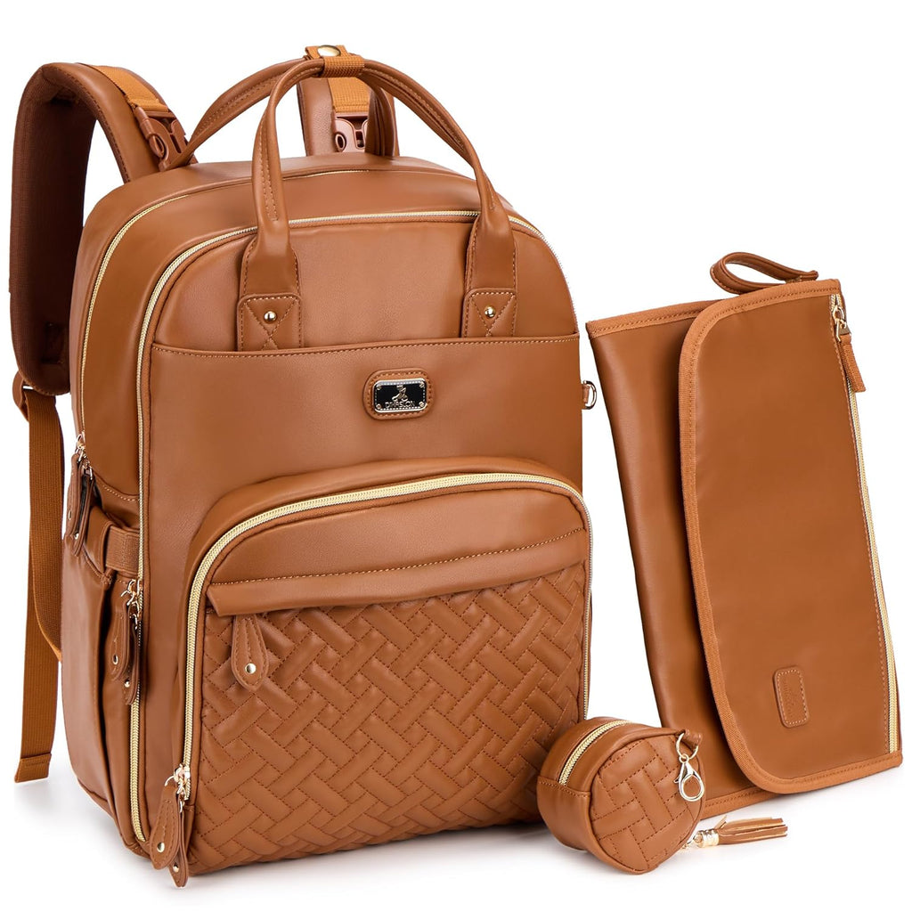 Dikaslon Diaper Bag Backpack with Portable Changing Pad, Pacifier Case and Stroller Straps, Large Unisex Baby Bags for Boys Girls, Multipurpose Travel Back Pack Moms Dads, Brown