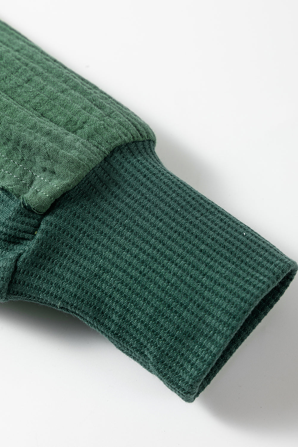 Green Textured Waffle Knit Patchwork Buttoned Neck Loose Blouse