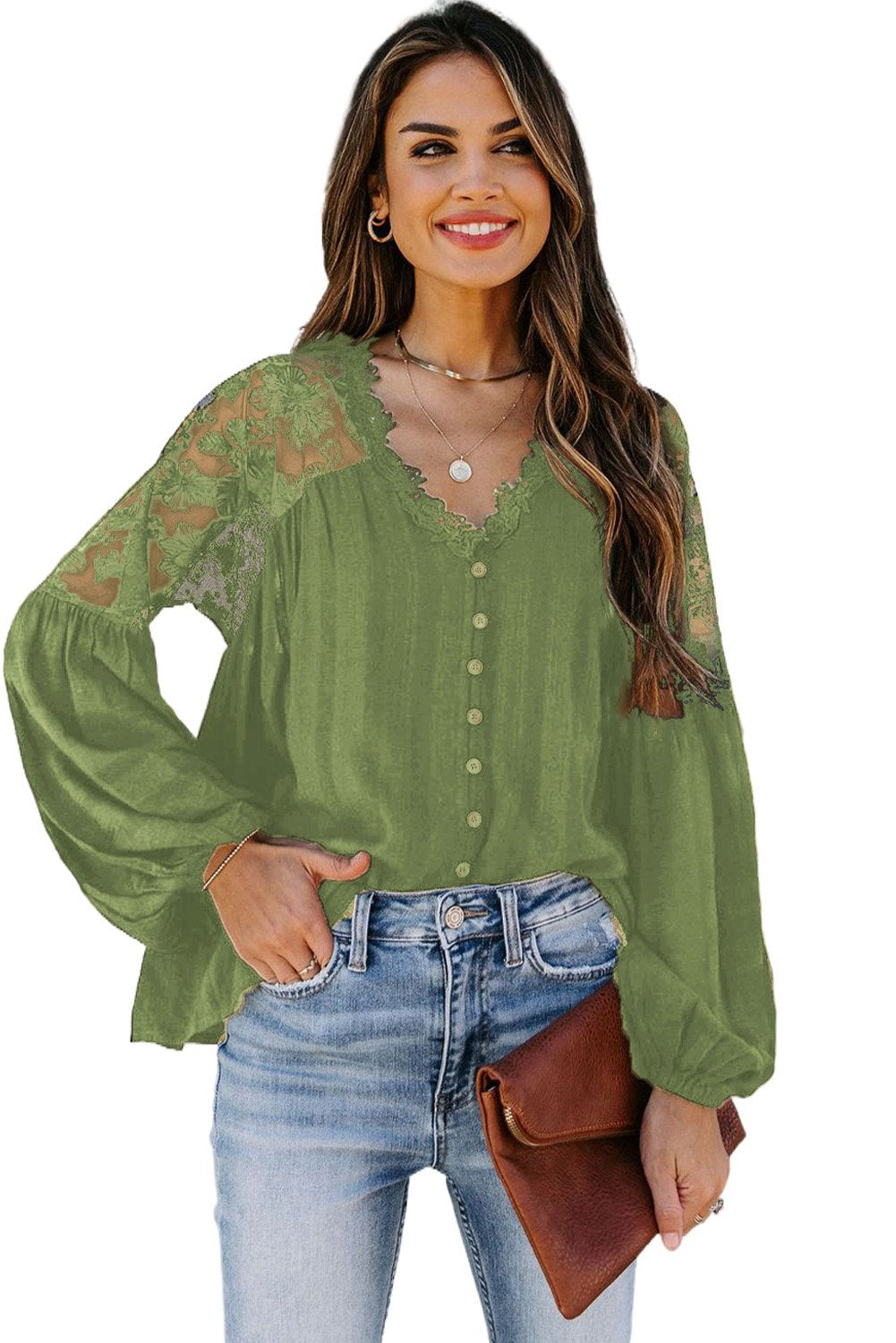 V Neckline Lace Shoulder Blouse