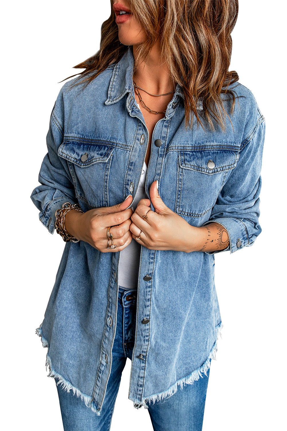 Sky Blue Raw Hem Buttoned Denim Jacket