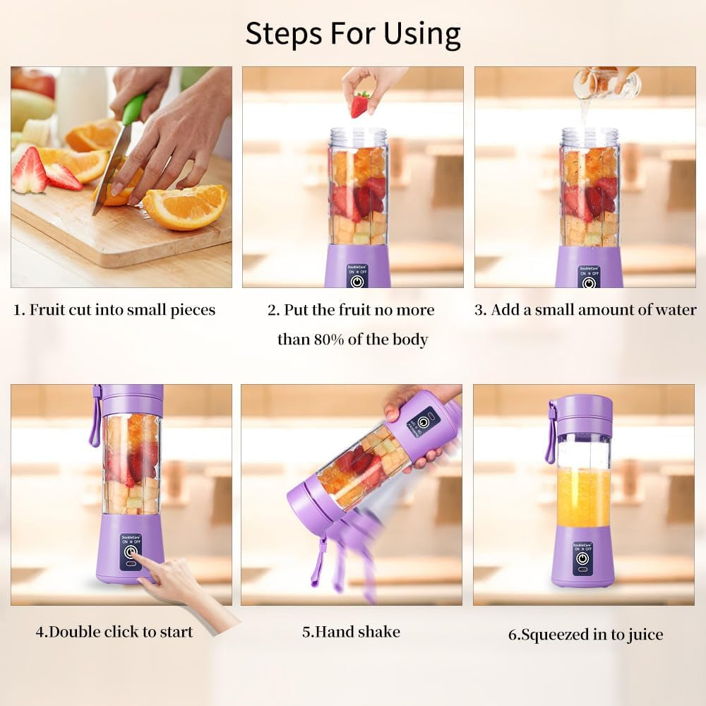 Portable Blender Cup,Electric USB Juicer Blender,Portable Juicer for Shakes and Smoothies, Juice,380Ml, Six Blades Great for Mixing,Light Purple