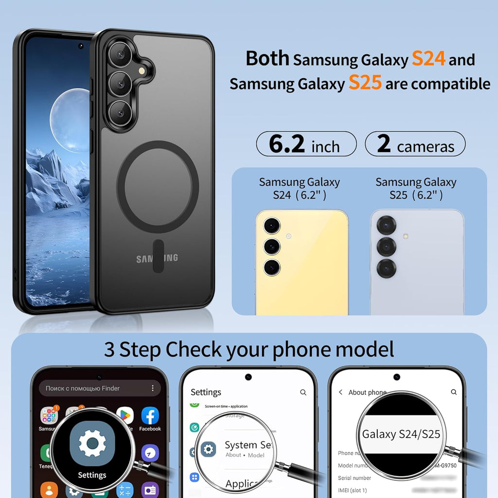 Gritup for Samsung Galaxy S24/S25 Case with 2 PCS Screen Protector (Compatible with Magsafe)(Military Grade Drop Protection) Slim Translucent Matte & Anti-Fingerprint Phone Cover for S24/S25,Black