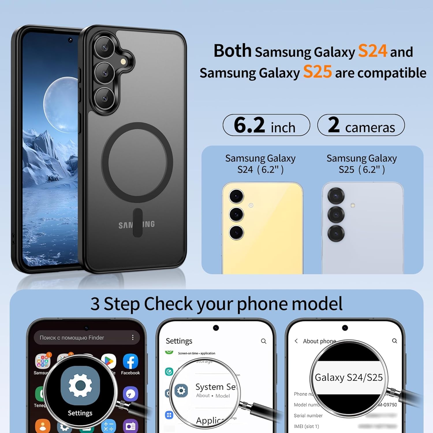 Gritup for Samsung Galaxy S24/S25 Case with 2 PCS Screen Protector (Compatible with Magsafe)(Military Grade Drop Protection) Slim Translucent Matte & Anti-Fingerprint Phone Cover for S24/S25,Black