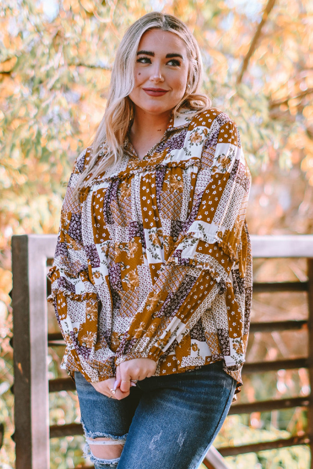 Apricot Turn-down Neck Mixed Print Plus Size Shirt