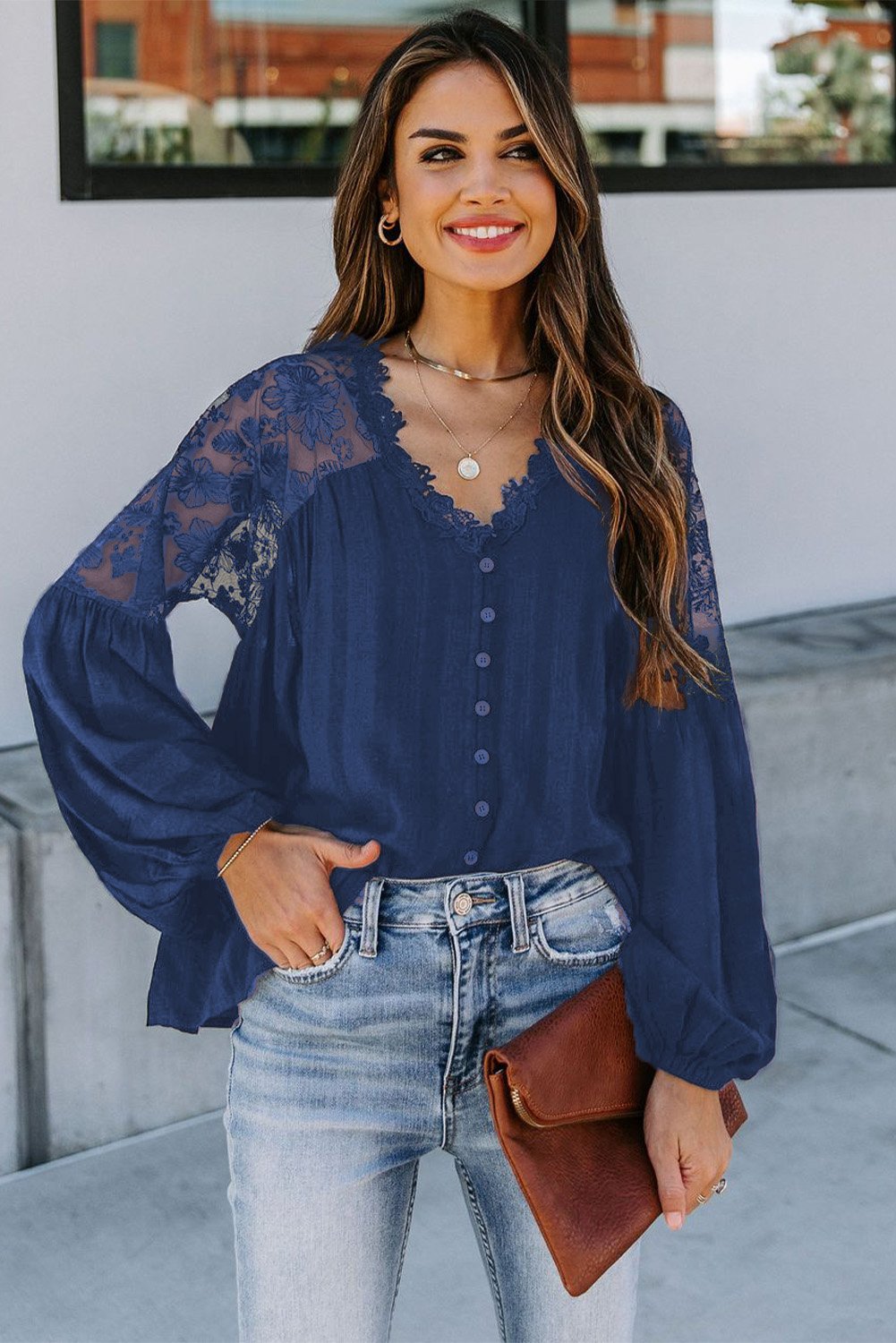 V Neckline Lace Shoulder Blouse