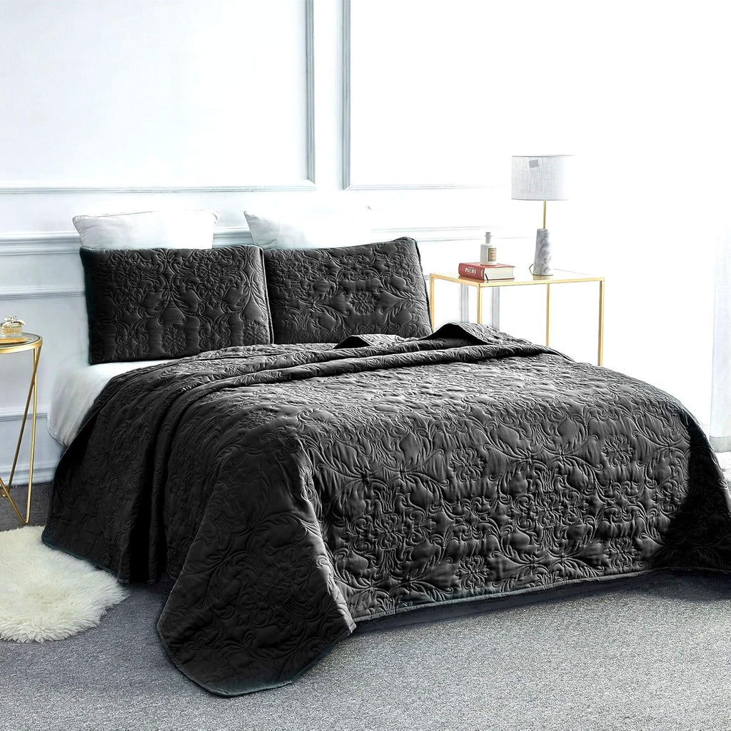 Sophia and William 2 Pieces Quilt Set Twin Size with 1 Quilt and 1 Pillow Sham, Reversible Microfiber Bedding Bedspread Coverlet Set, Cozy, Lightweight and Hypoallergenic, Black