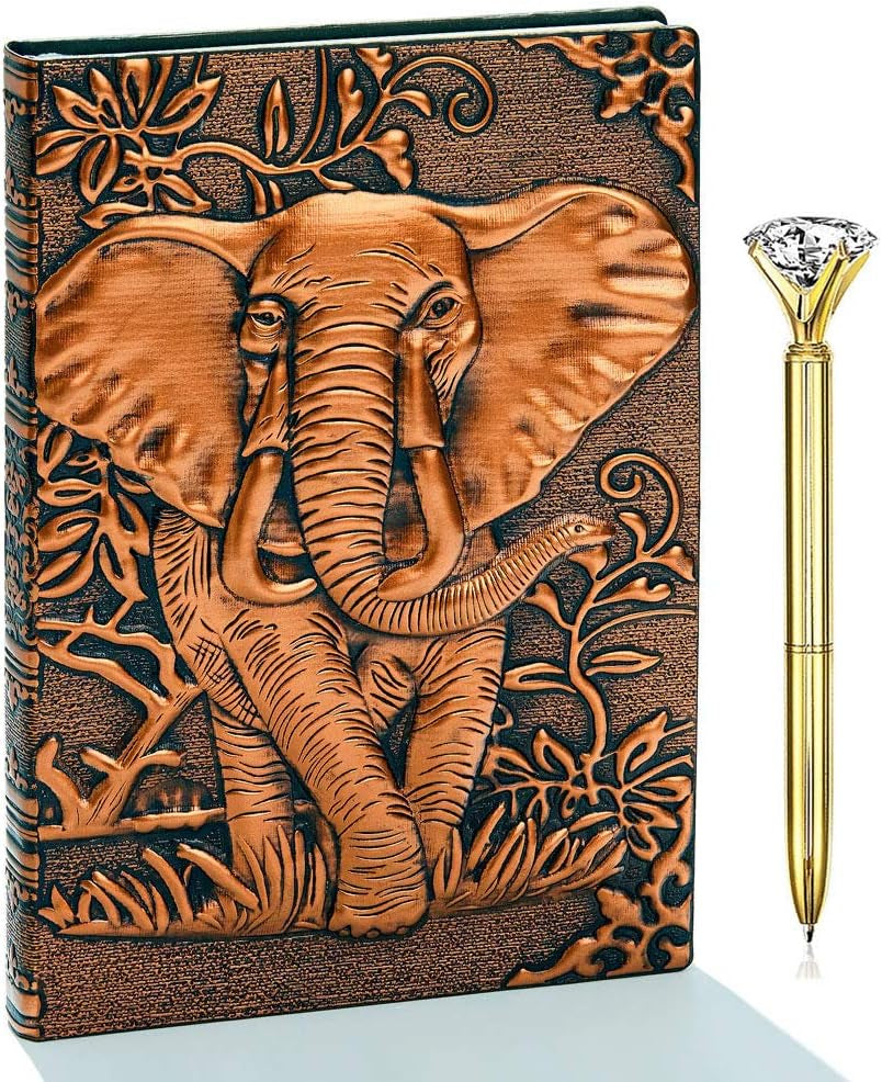 Vintage 3D Embossed Leather Writing Journal with Diamond Pen Set,A5,200Pages,Antique Handmade Daily Notepad Sketchbook,Travel Diary&Notebook to Write In,For Women Men (Train-(Redbronze))