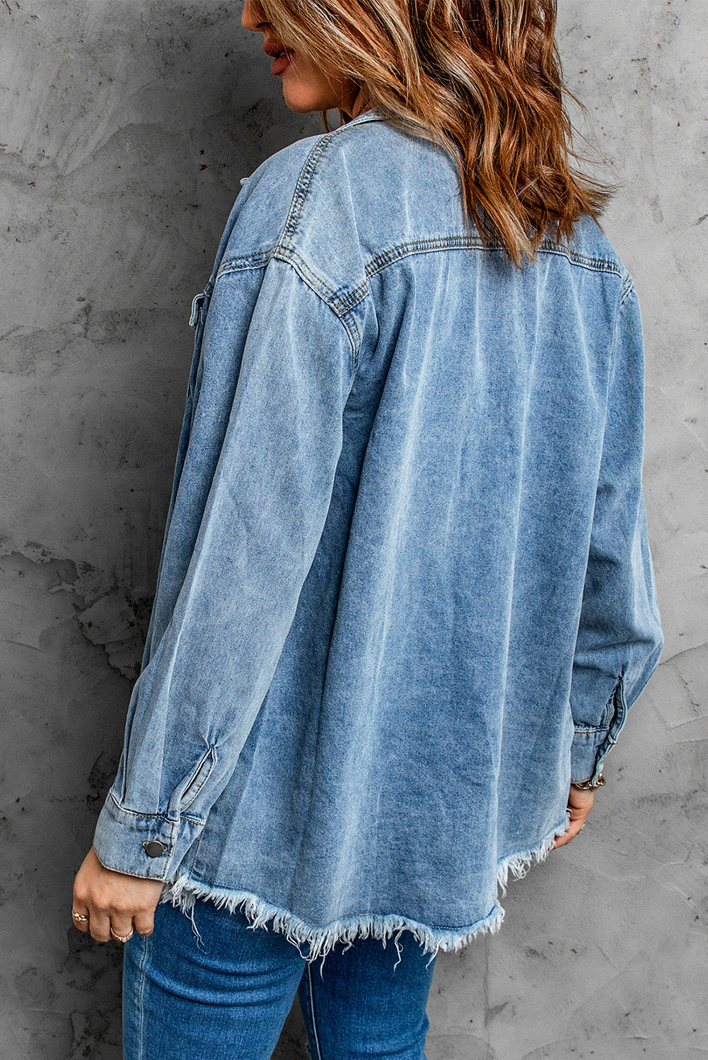 Sky Blue Raw Hem Buttoned Denim Jacket
