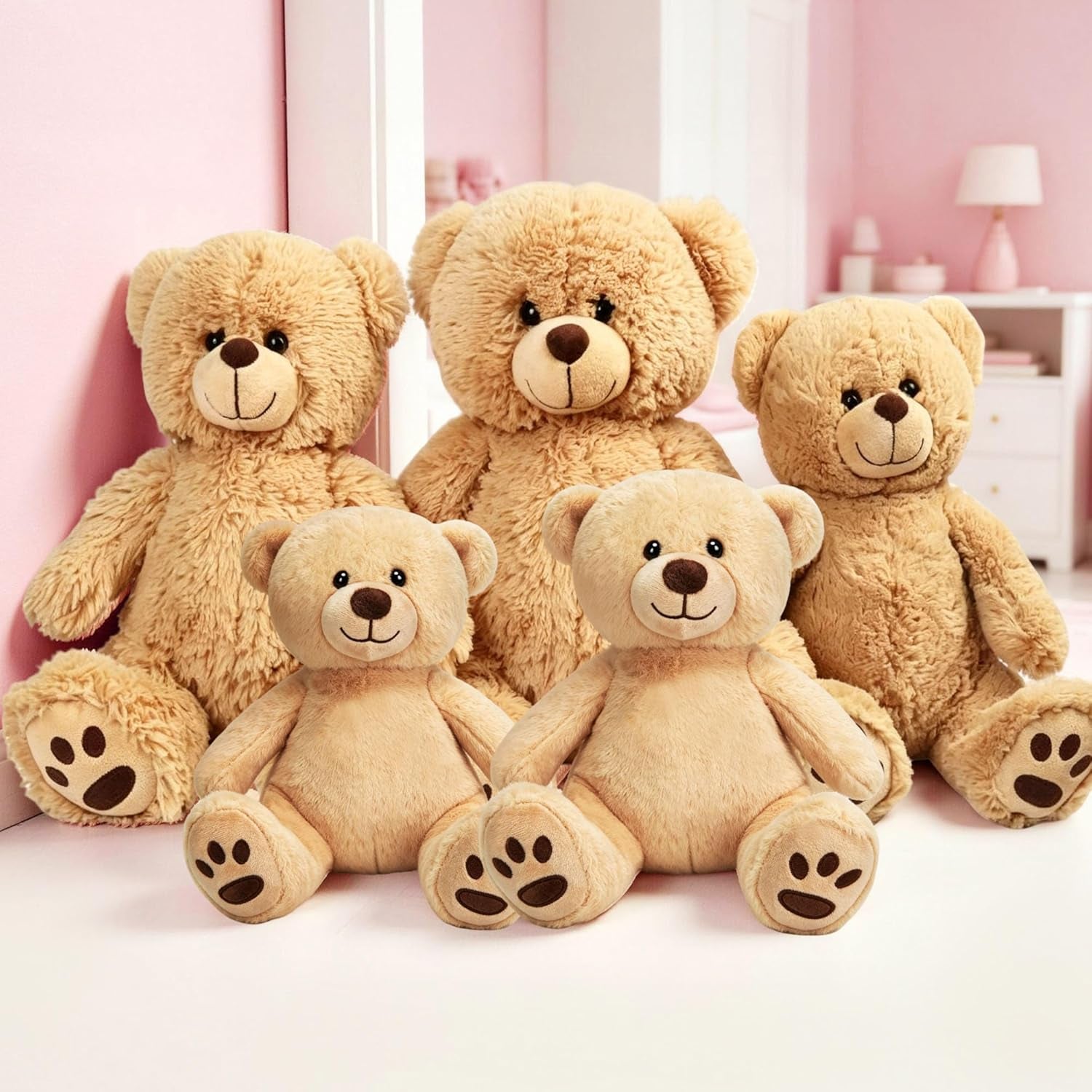 Lotfancy Teddy Bear Stuffed Animals, 10 Inch Soft Cuddly Plush Toys, Cute Plushies with Footprints, Stuffed Animals for Girls Kids Baby Toddlers, Baby Shower Easter Birthday Gift Decor, Light Brown