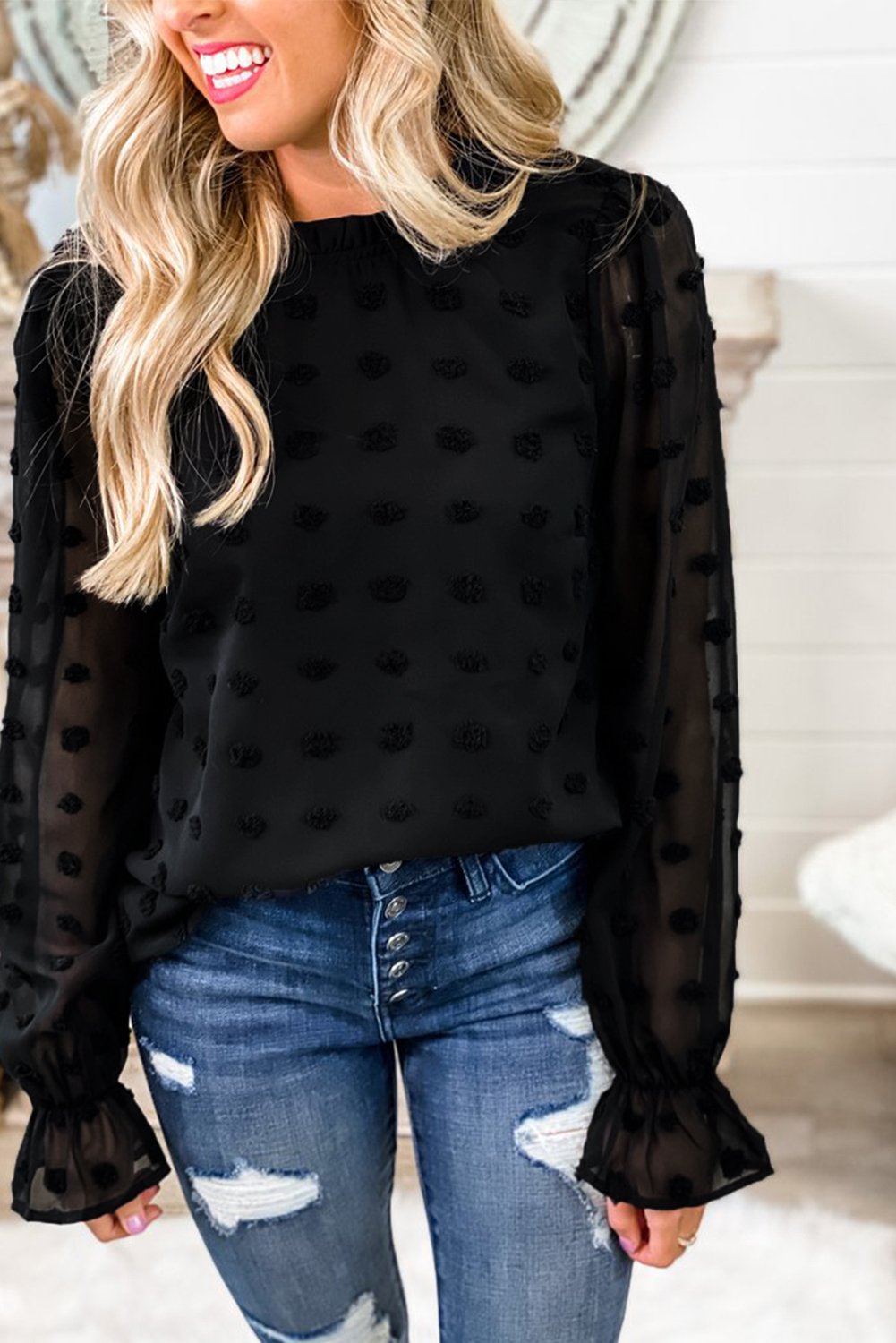 Polka Dot Lantern Sleeve Mesh Splicing Blouse