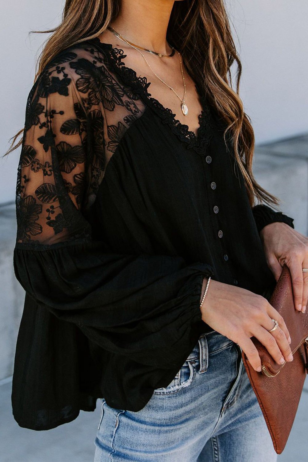 V Neckline Lace Shoulder Blouse