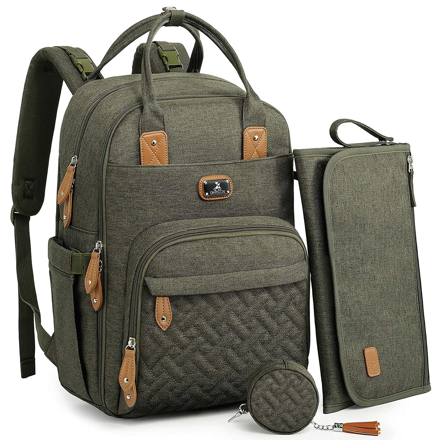 Dikaslon Diaper Bag Backpack with Portable Changing Pad, Pacifier Case and Stroller Straps, Large Unisex Baby Bags for Boys Girls, Multipurpose Travel Back Pack Moms Dads, Brown