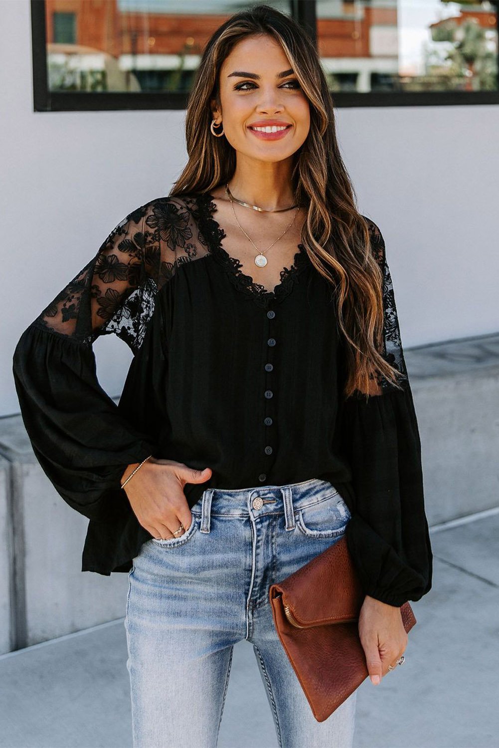 V Neckline Lace Shoulder Blouse