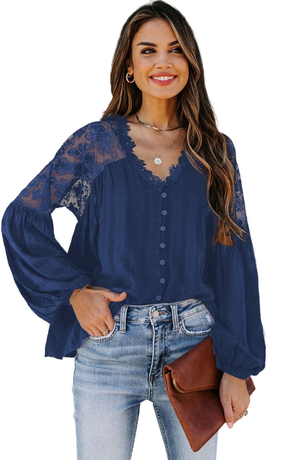 V Neckline Lace Shoulder Blouse
