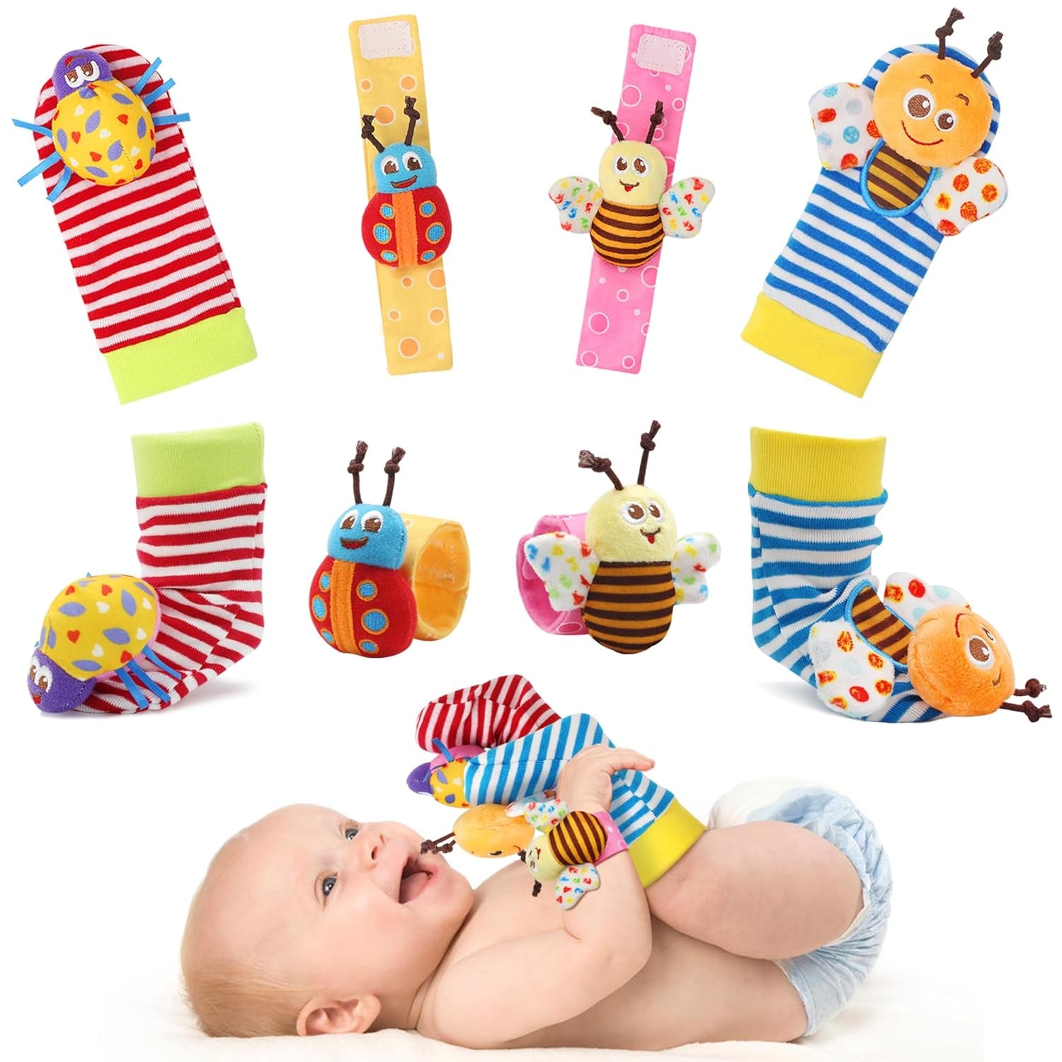 Bloobloomax Wrist Rattle Socks and Foot Finder Set, Infant Girl Boy Toys for Babies 0-36 Months, Newborn Hand & Foot Toys for 0 to 3 Years, Baby Shower Gifts Set