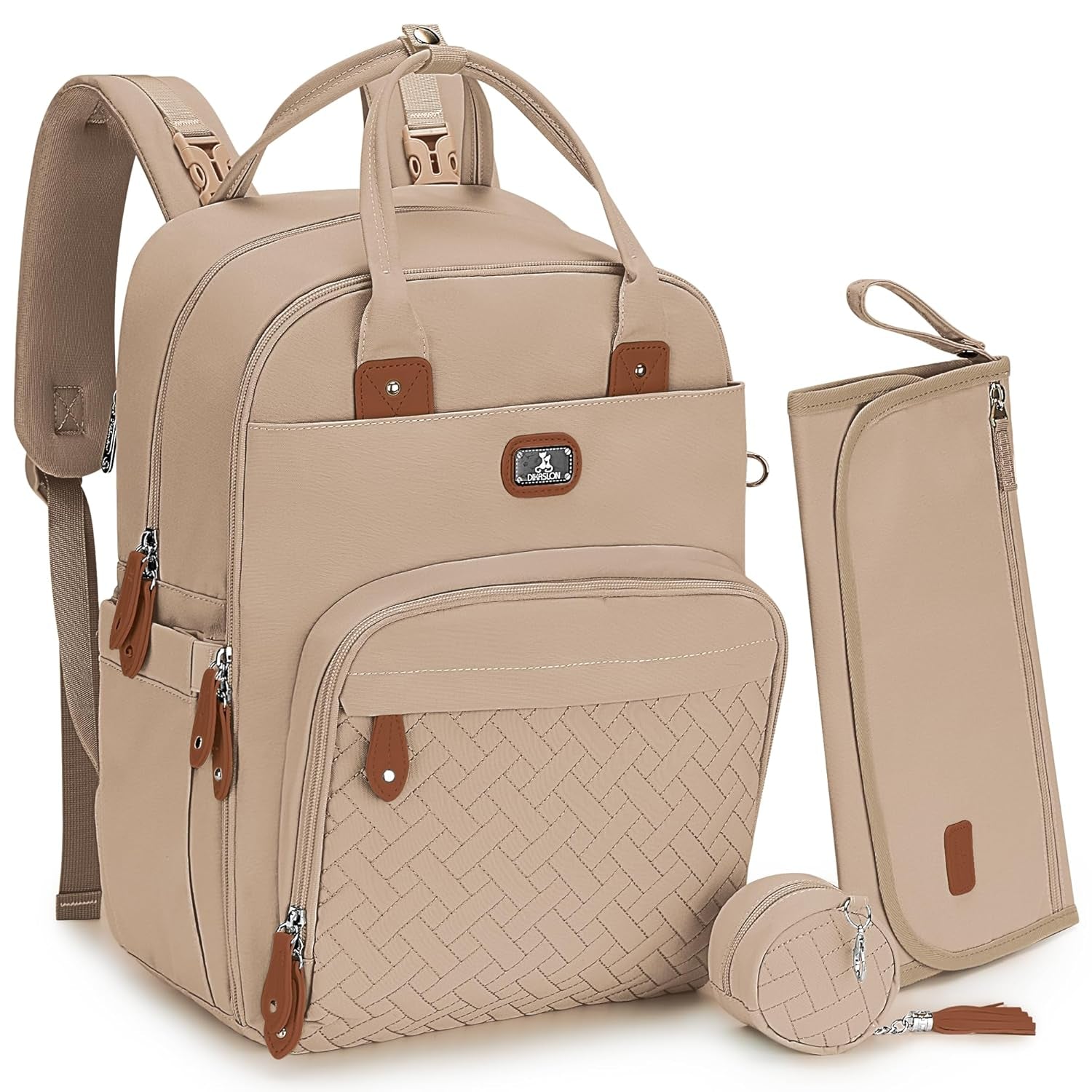Dikaslon Diaper Bag Backpack with Portable Changing Pad, Pacifier Case and Stroller Straps, Large Unisex Baby Bags for Boys Girls, Multipurpose Travel Back Pack Moms Dads, Brown