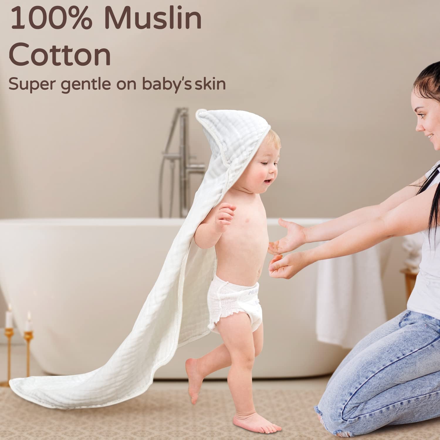 Yoofoss Hooded Baby Towels for Newborn 100% Muslin Cotton Baby Bath Towel with Hood for Babies, Infant, Toddler and Kids, Large 32X32Inch, Soft and Absorbent Newborn Essential
